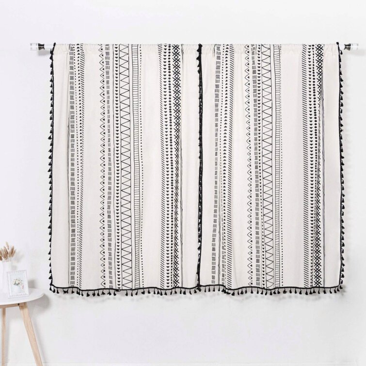 84 Inch Boho Curtains With Tassels,Off White Curtains Print Geometric  Pattern ,Room Darkening Linen Curtains 2 Panel Set